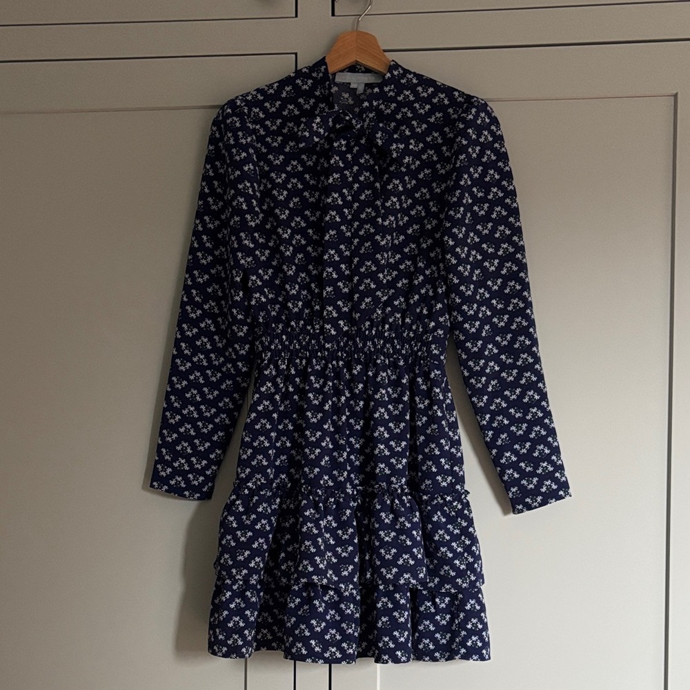 Hill House Dark Blue and White Patterned Long Sleeve Dress